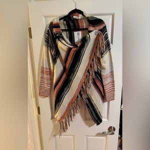 Western Cozy Striped Sweater Wrap Cardigan Cover-Up with Fringe up one side